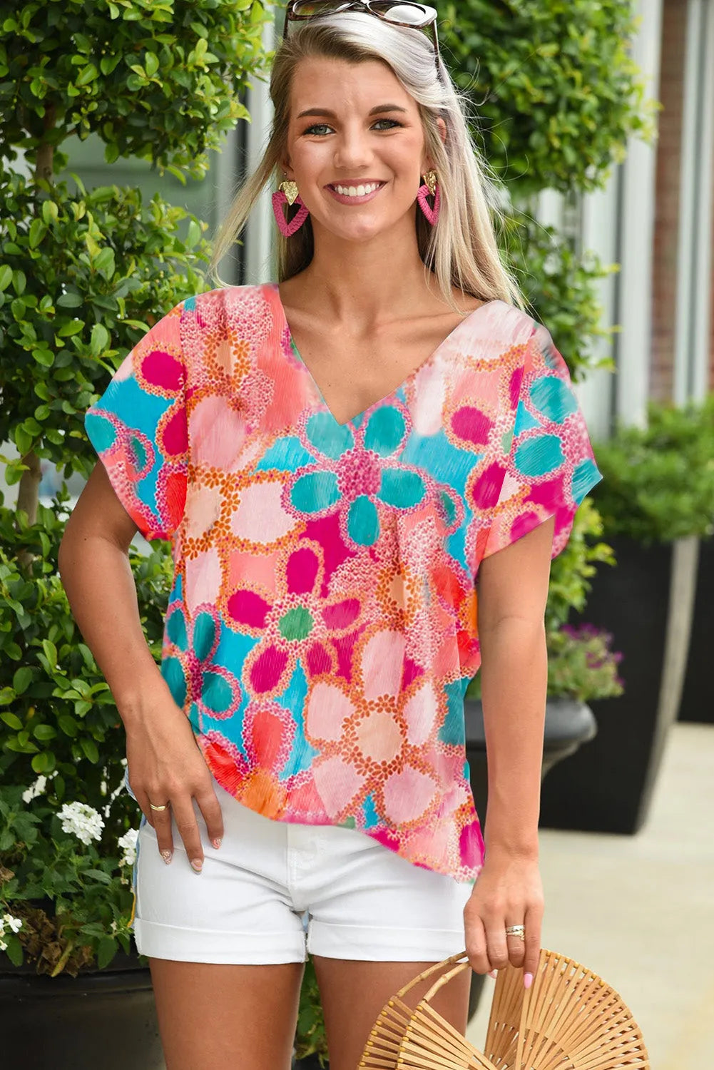 Pink Abstract Print V Neck Dolman Blouse - Chic Meadow Boutique 