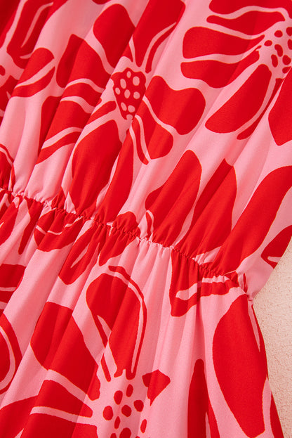 Red Boho Floral Short Sleeve V Neck Buttoned Shirred Waist Long Dress