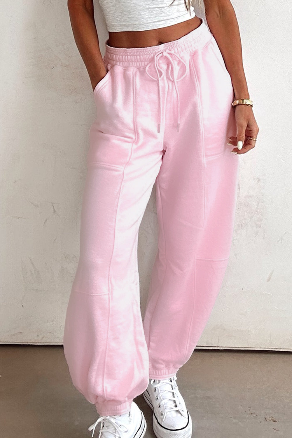 Light Pink Drawstring Waist Patchwork Solid Color Jogger Pants