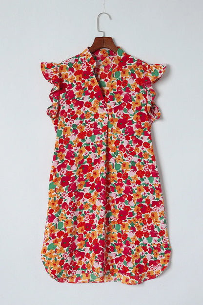 Fiery Red Ruffle Sleeve V-Neck Floral Dress - Chic Meadow Boutique 