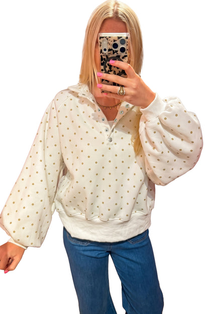 White Polka Dot Print Metal Button Collar Casual Pullover Sweatshirt