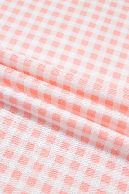 Pink Color Block Plaid Patchwork Long Sleeve Pullover Wide Leg Pant Set