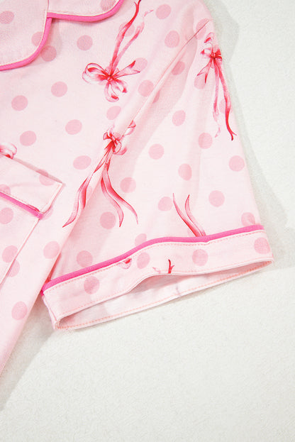 Pink Bow Print Contrast Pipping Short Pajamas Set