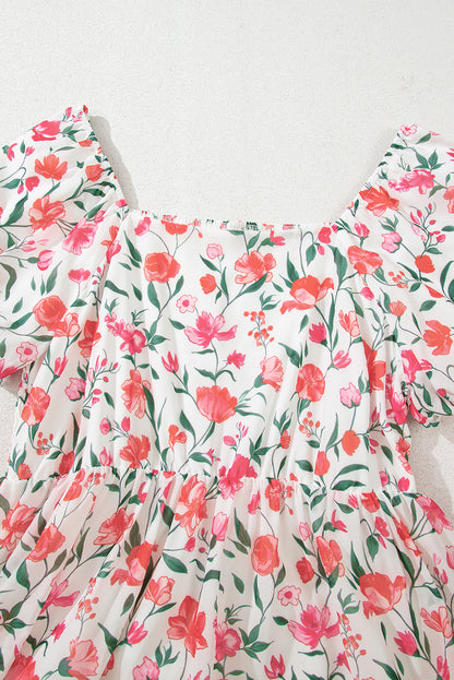 Pink Floral Puff Sleeve Square Neck Empire Waist Tiered Maxi Dress