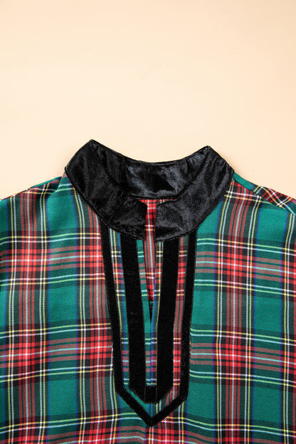 Green Plaid Velvet Trim Pockets Short Shift Dress