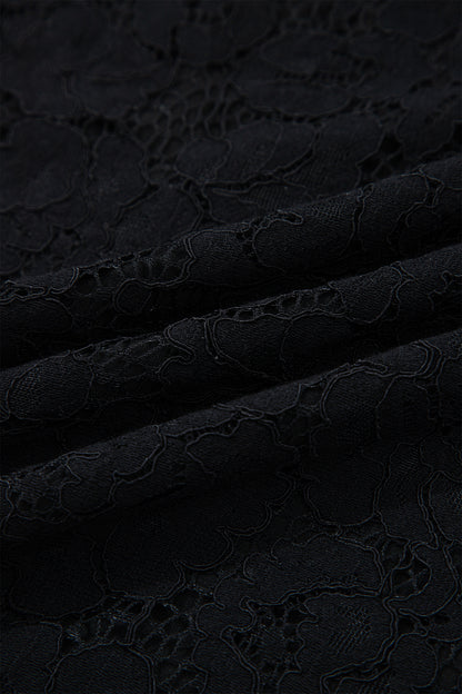 Black Floral Lace Overlay Tassel Tie Short Sleeve Beach Vacation Loose Maxi Dress