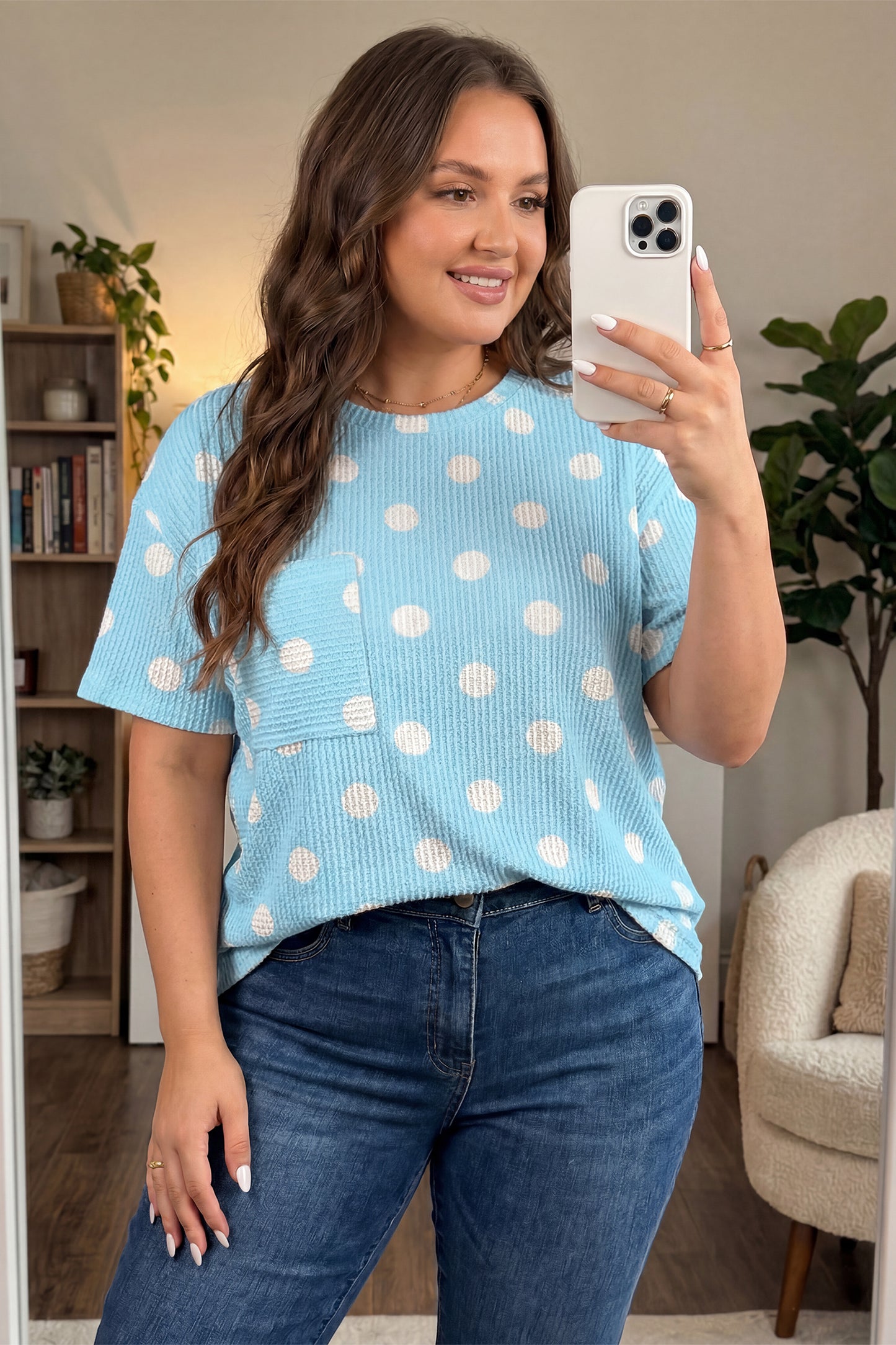 Sky Blue Twisted Rib Polka Dot Print Plus Size T Shirt