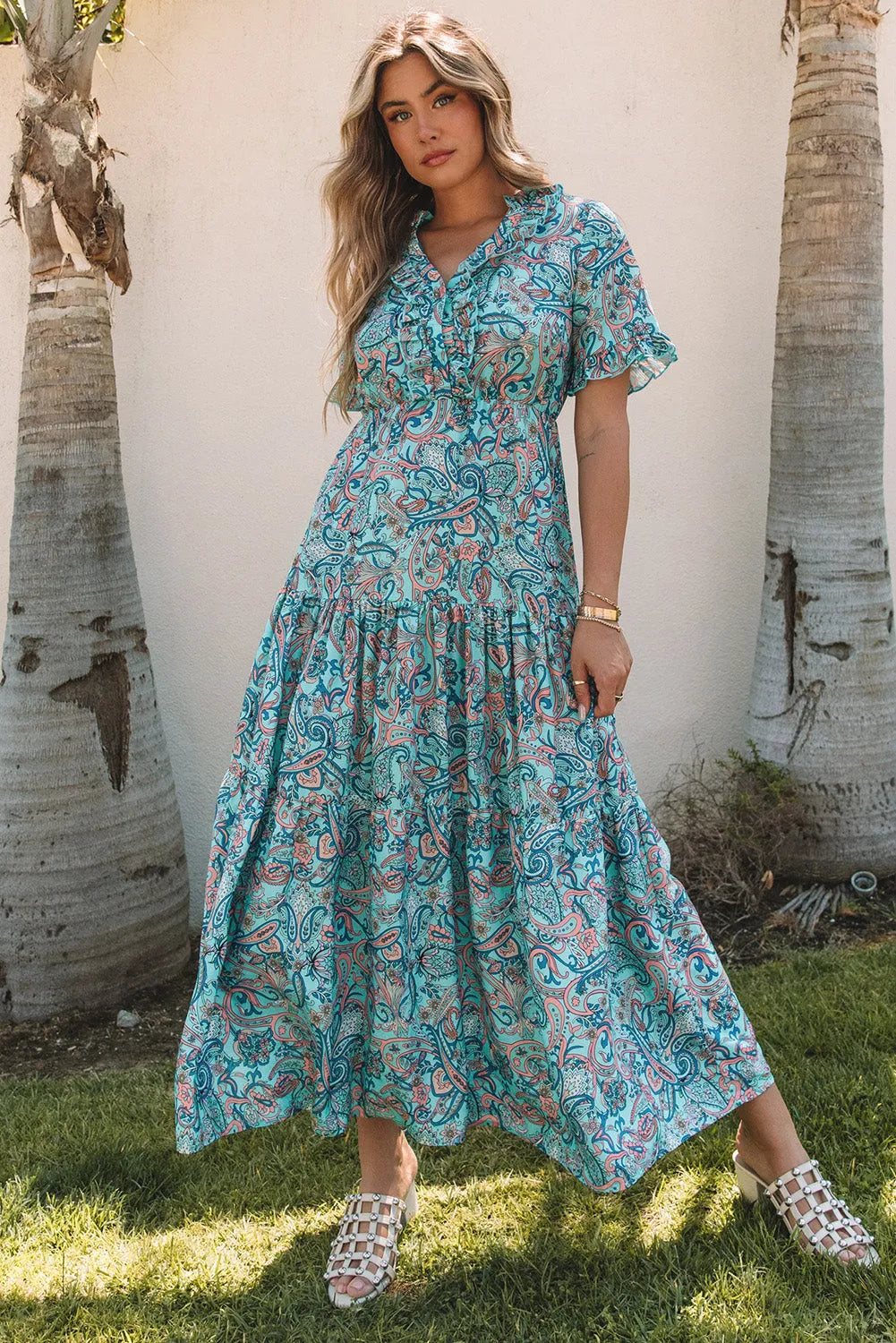 Sky Blue Paisley Print Boho Holiday Ruffle Tiered Maxi Dress - Chic Meadow Boutique 