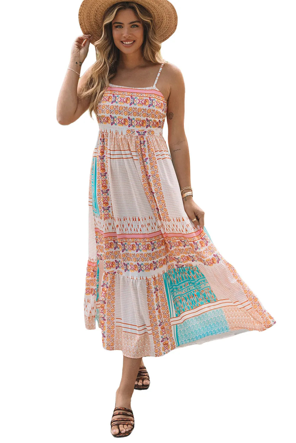 Multicolor Boho Patchwork Print Square Neck Sundress - Chic Meadow Boutique 