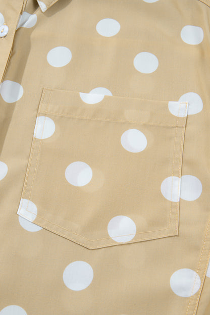 Khaki Polka Dot Print Three Quarter Sleeve Ruffle Hem Casual Shirt