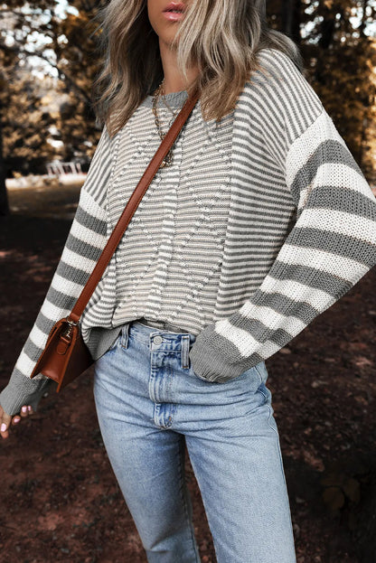 Gray Stripe Geometric Textured Drop Shoulder Sweater - Chic Meadow Boutique 