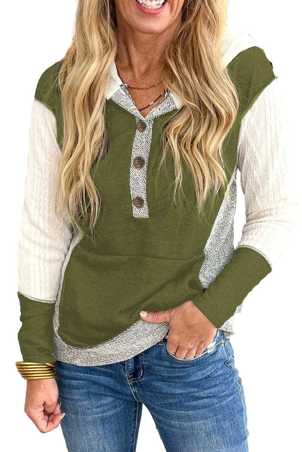 Jungle Green Color Block Textured Buttoned Kangaroo Pocket Hoodie - Chic Meadow Boutique 