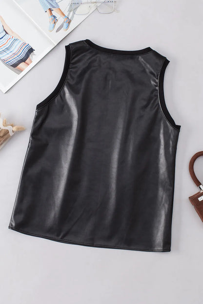 Black Faux Leather Crew Neck Tank Top - Chic Meadow Boutique 