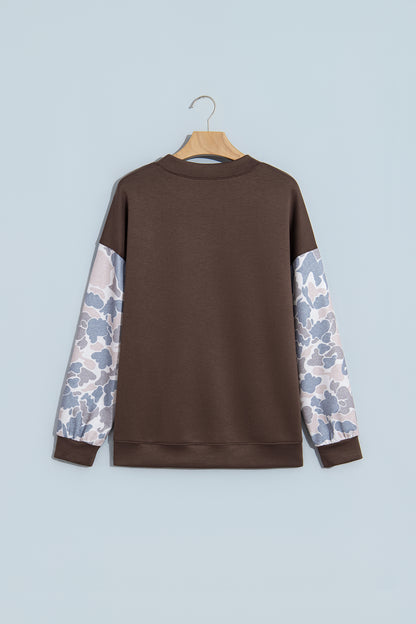 Coffee Camouflage Sleeve Crewneck Baggy Pullover Sweatshirt