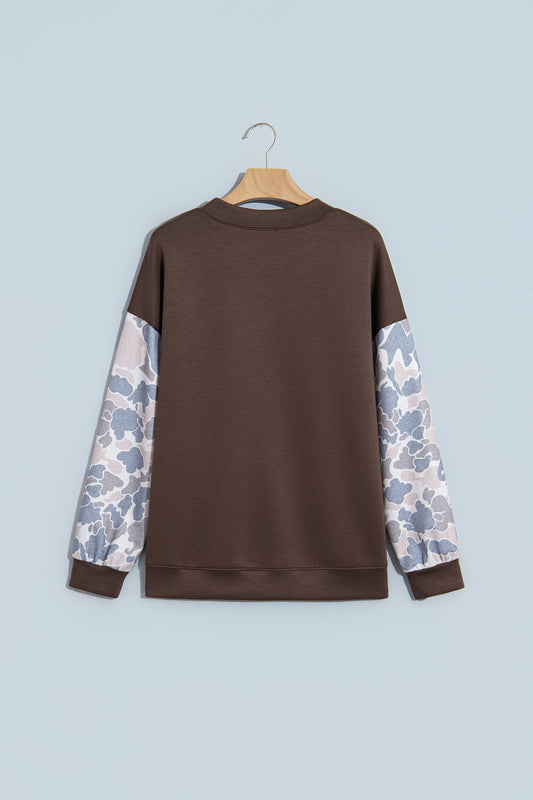 Coffee Camouflage Sleeve Crewneck Baggy Pullover Sweatshirt