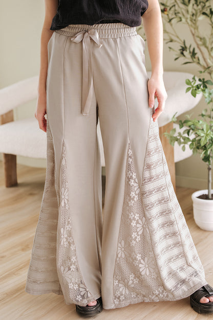 Smoke Gray Boho Lace Patchwork Wide Leg High Waist Pants