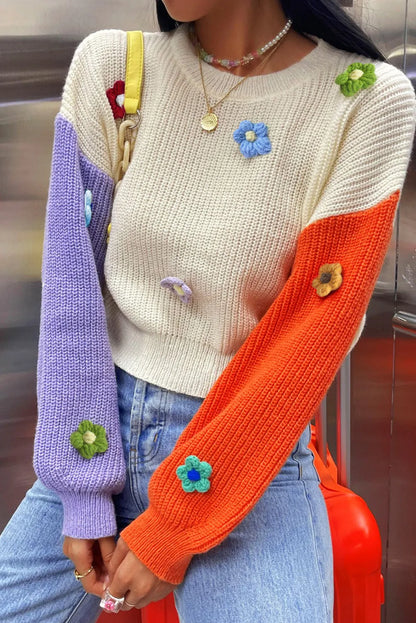 Multicolour Flower Applique Colorblock Drop Shoulder Sweater - Chic Meadow Boutique 