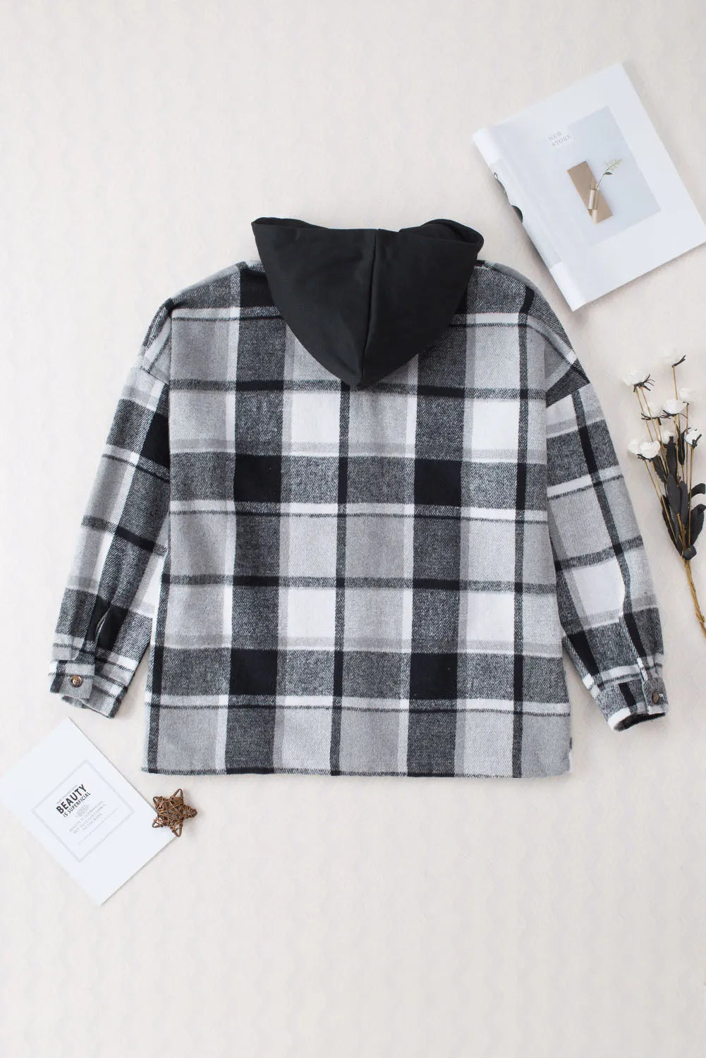 Gray Hooded Plaid Button Front Shacket - Chic Meadow Boutique 