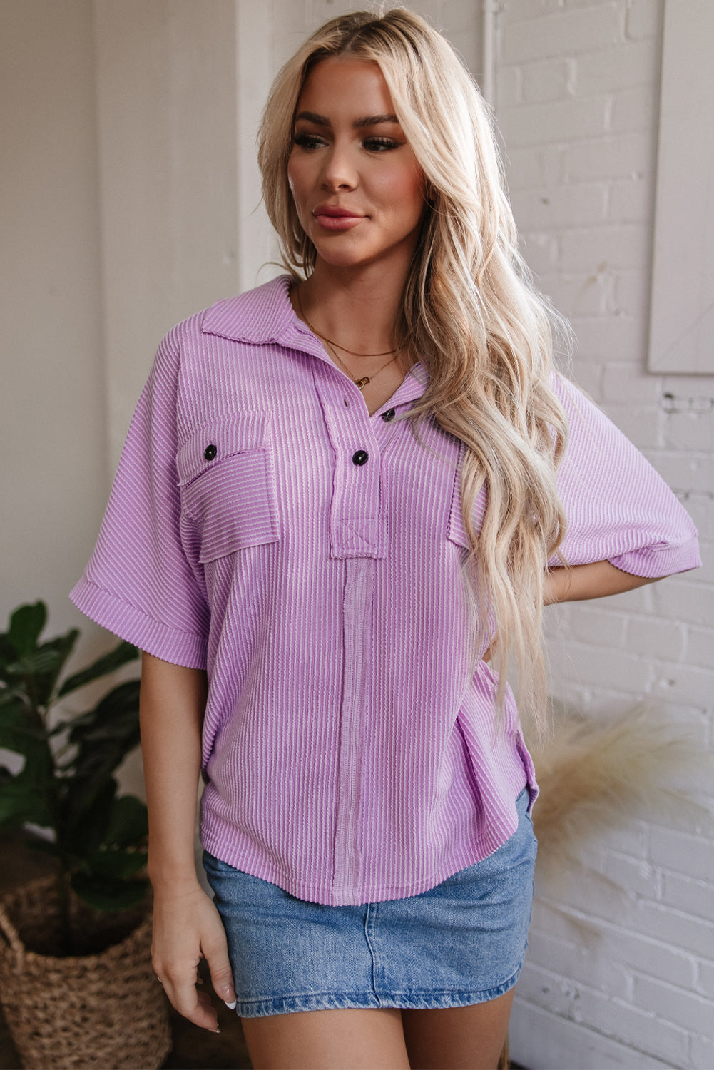 Orchid Bouquet Corded Flap Pocket Collared Buttoned Short Sleeve Blouse