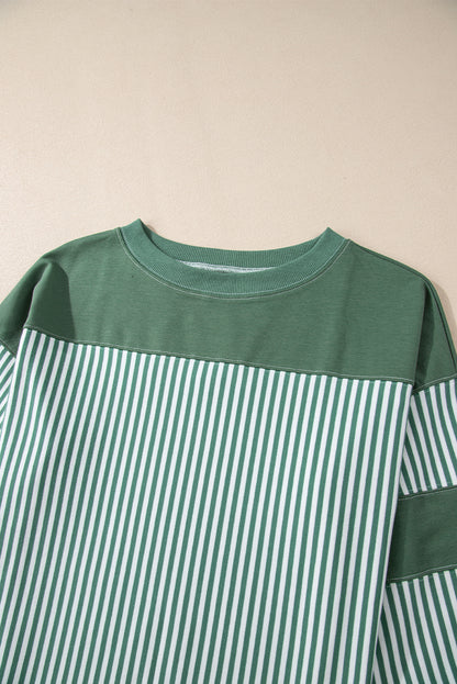 Mist Green Striped Patchwork 3/4 Sleeve Oversize Top