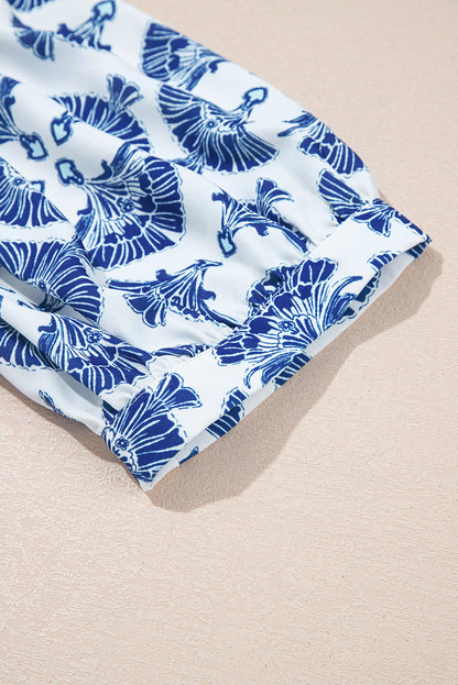 Sky Blue Geometric Print Tassel Drawstring V Neck Blouse