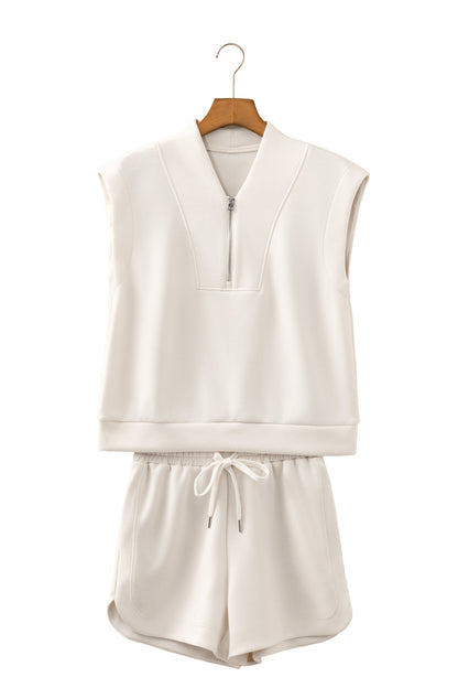 Oatmeal Quarter Zip Sleeveless Top Drawstring Shorts Casual 2pcs Outfit