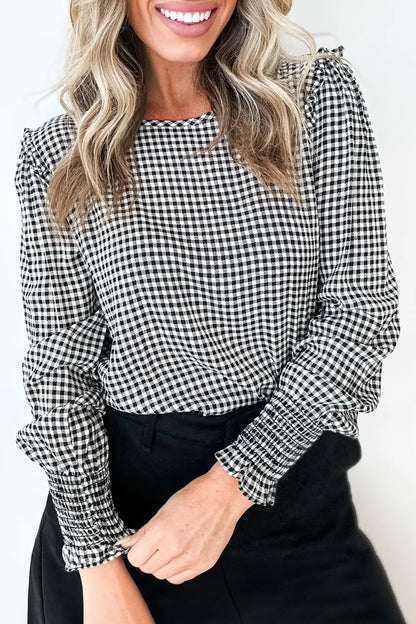 Black Plaid Shirred Cuff Long Sleeve Round Neck Blouse