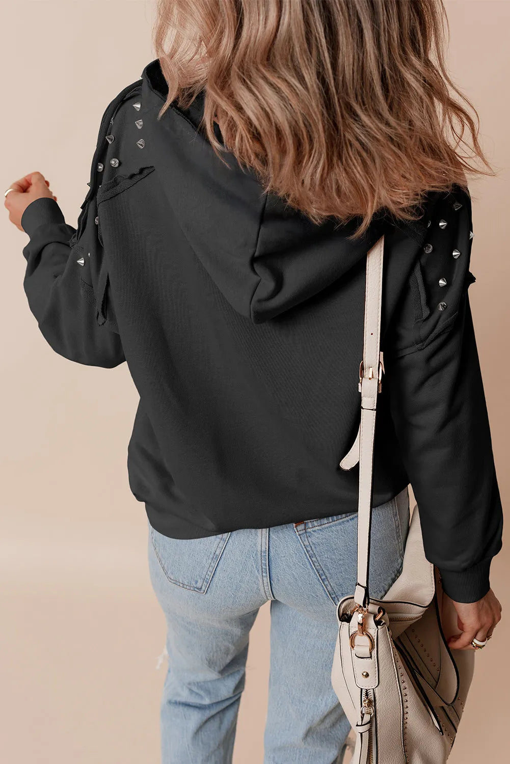 Black Solid Color Rivet Stud Raglan Sleeve Hoodie with Pocket - Chic Meadow Boutique 