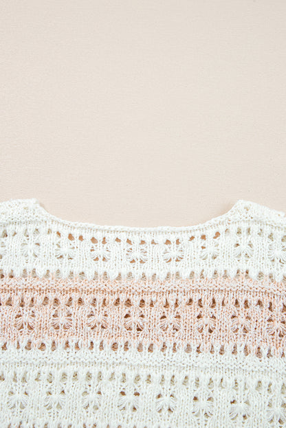 Pink Hollow-out Colorblock Drop Shoulder Casual Sweater