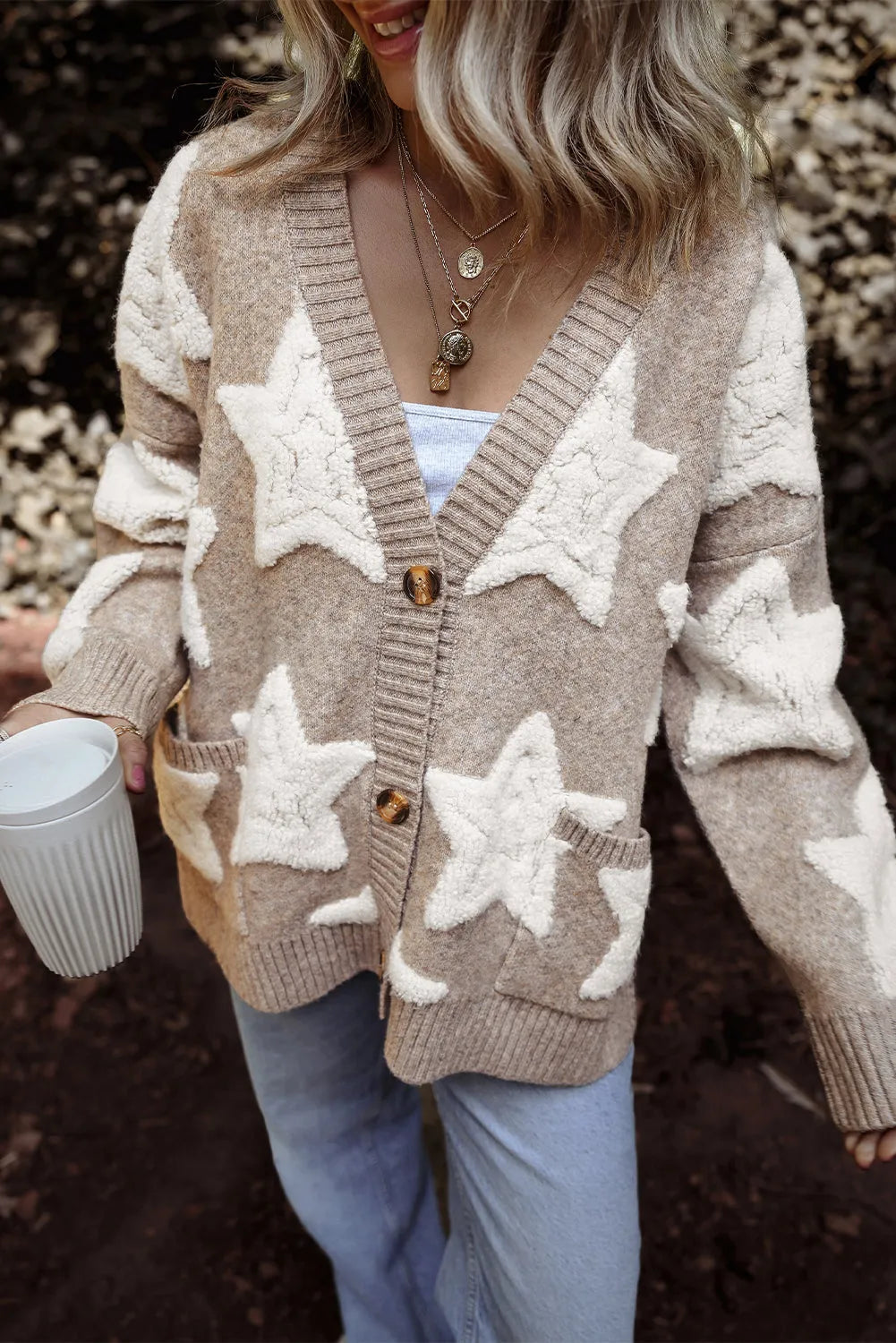 Khaki Sherpa Star Pattern Textured Sweater Cardigan with Pockets - Chic Meadow Boutique 