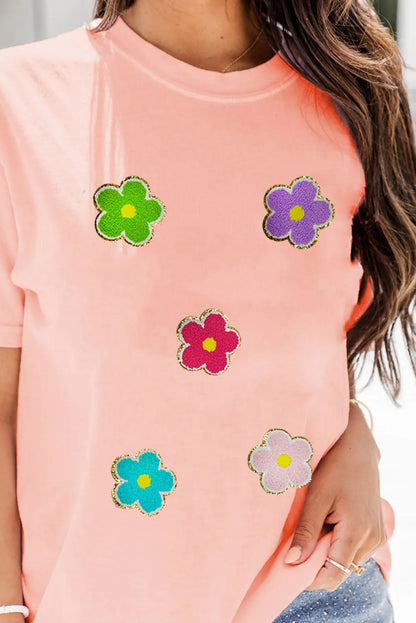 Pink Glittering Chenille Flower Patched Pattern Crewneck T Shirt - Chic Meadow Boutique 