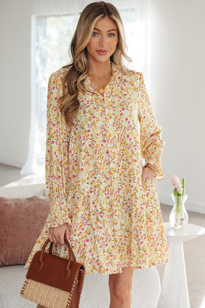 Yellow Floral Print Frilly Trim Smocked Cuff Long Sleeve Loose Shirt Dress