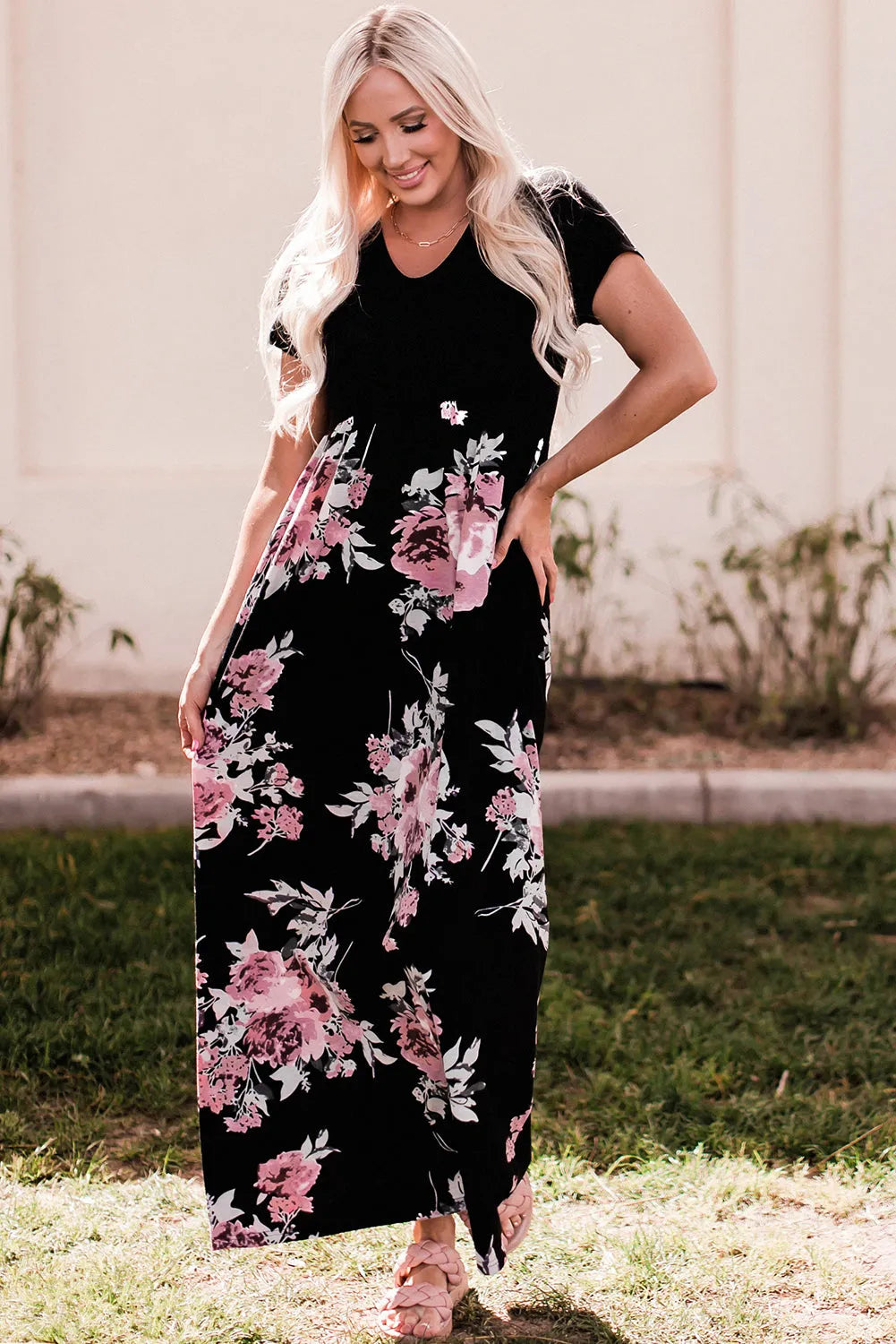 Black Contrast Floral Empire Waist Maxi Dress - Chic Meadow Boutique 