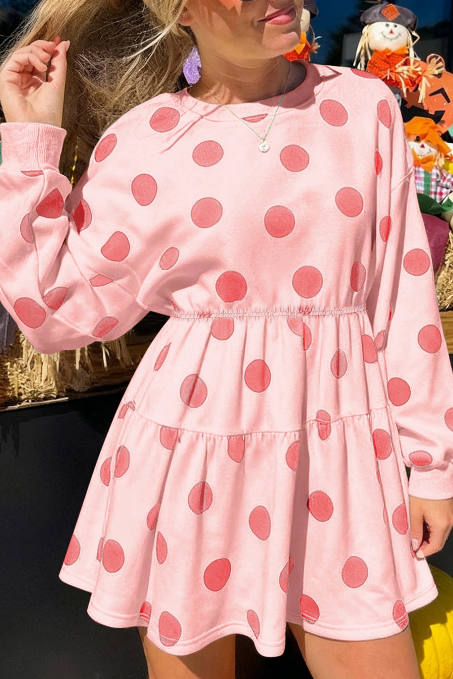 Pink Polka Dot Printed Long Sleeve Flared Mini Dress