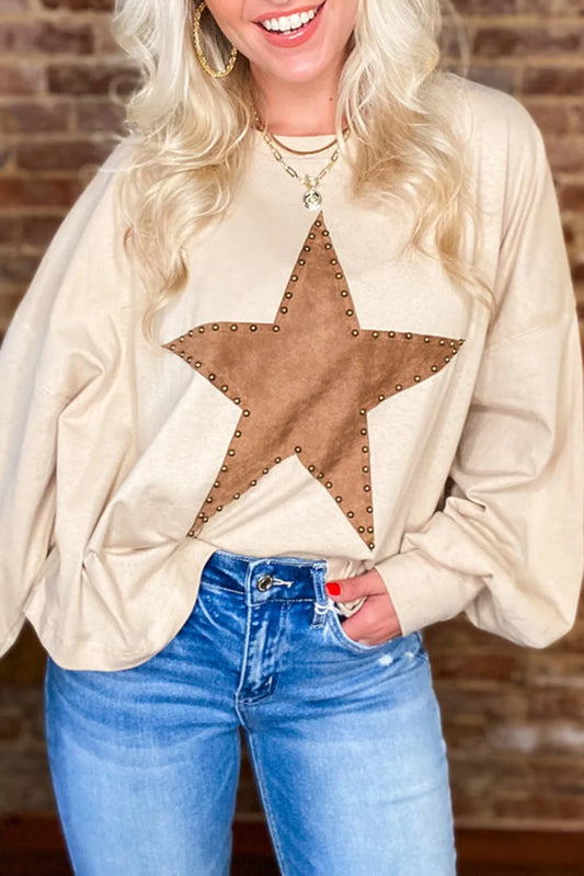 Apricot Studded Star Graphic Oversized Long Sleeve Top - Chic Meadow Boutique 