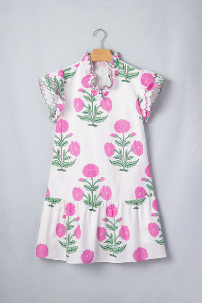 White Wild Floral Print Scalloped Embroidery Trim V Neck Drop Waist Mini Dress