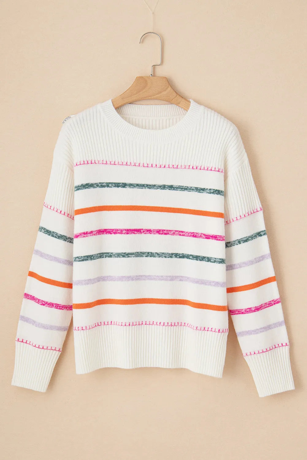 White Colorful Striped Ribbed Trim Sweater - Chic Meadow Boutique 