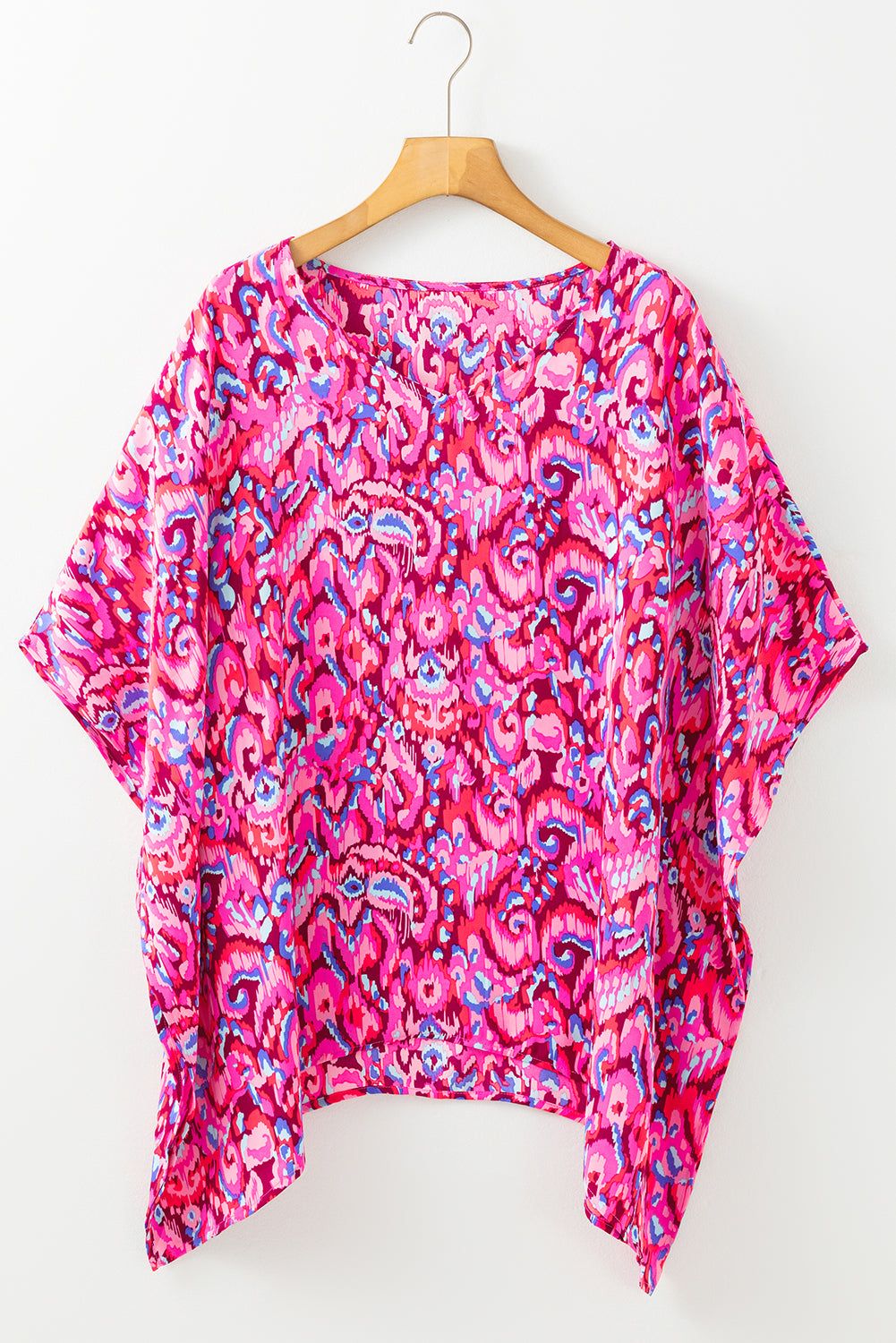 Pink Abstract Print V Neck Half Sleeve Loose Fit Tunic Blouse