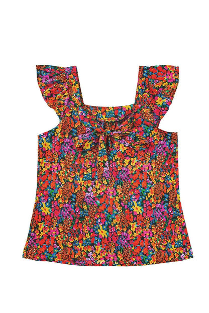 Tops/Blouses & Shirts Multicolour Floral Print Cap Sleeve Square Neck Back Knot Blouse