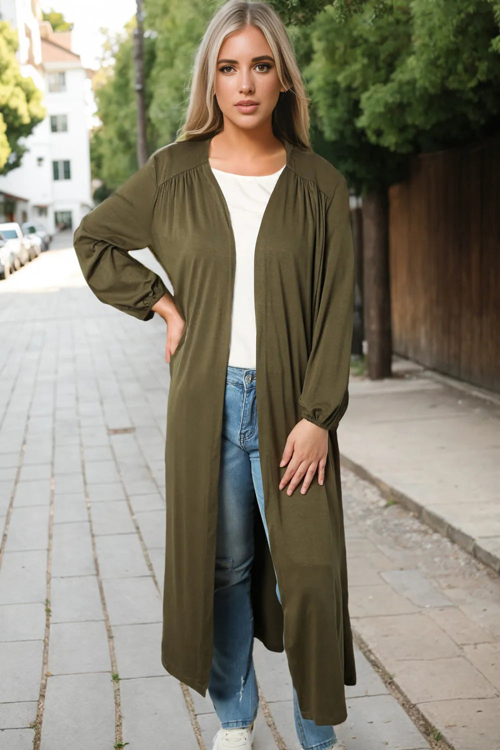 Green Lightweight Long Sleeve Open Front Duster Cardigan - Chic Meadow Boutique 