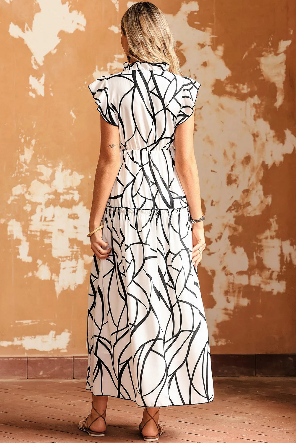 White Abstract Vein Print V Neck Ruffle Maxi Dress - Chic Meadow Boutique 