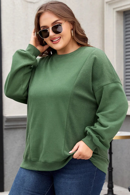 Blackish Green Loose Patchwork Crewneck Plus Size Sweatshirt - Chic Meadow Boutique 