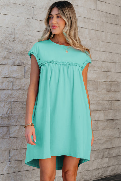 Mint Green Frilled Trim Crew Neck Loose Fit Mini Dress
