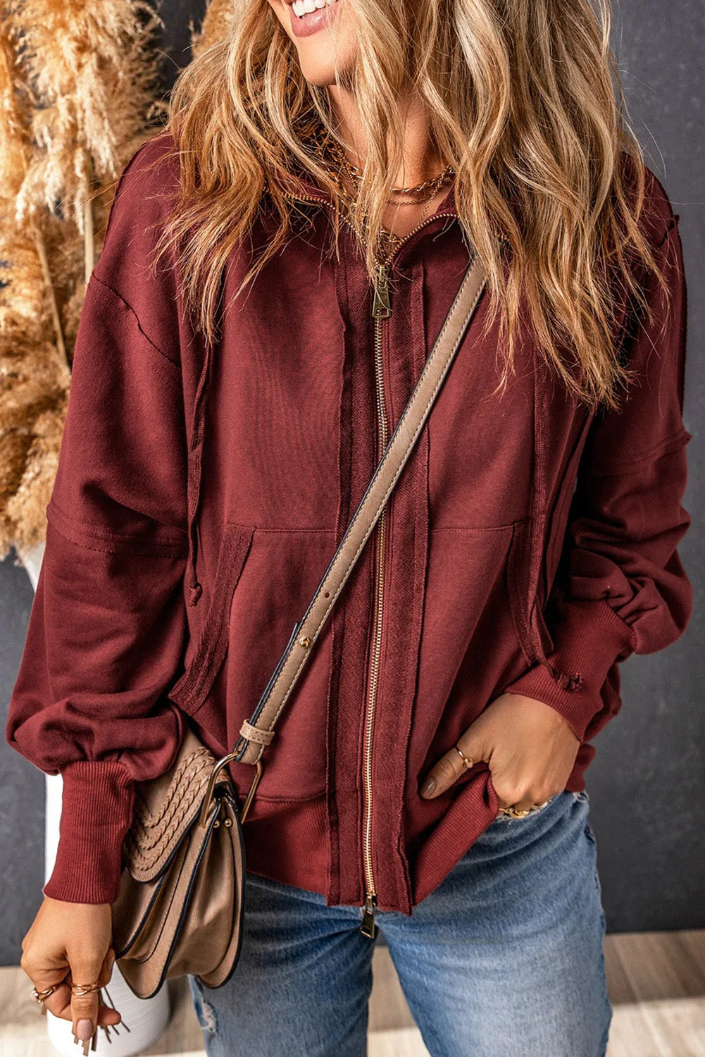 Brown Raw Edge Exposed Seam Full Zip Hoodie - Chic Meadow Boutique 