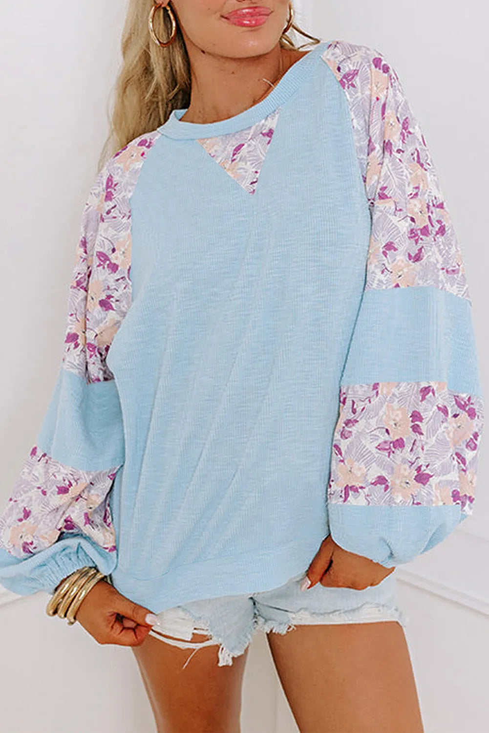 Beau Blue Textured Floral Patchwork Balloon Sleeve Blouse - Chic Meadow Boutique 