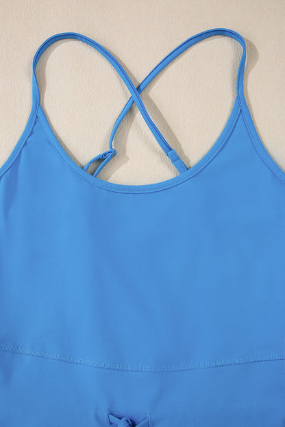 Blue Crossed Spaghetti Straps Drawstring Waist Sporty Romper