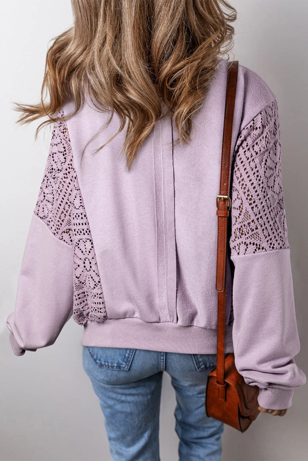 Orchid Petal Knit Crochet Exposed Seam Ribbed Trim Sweatshirt - Chic Meadow Boutique 