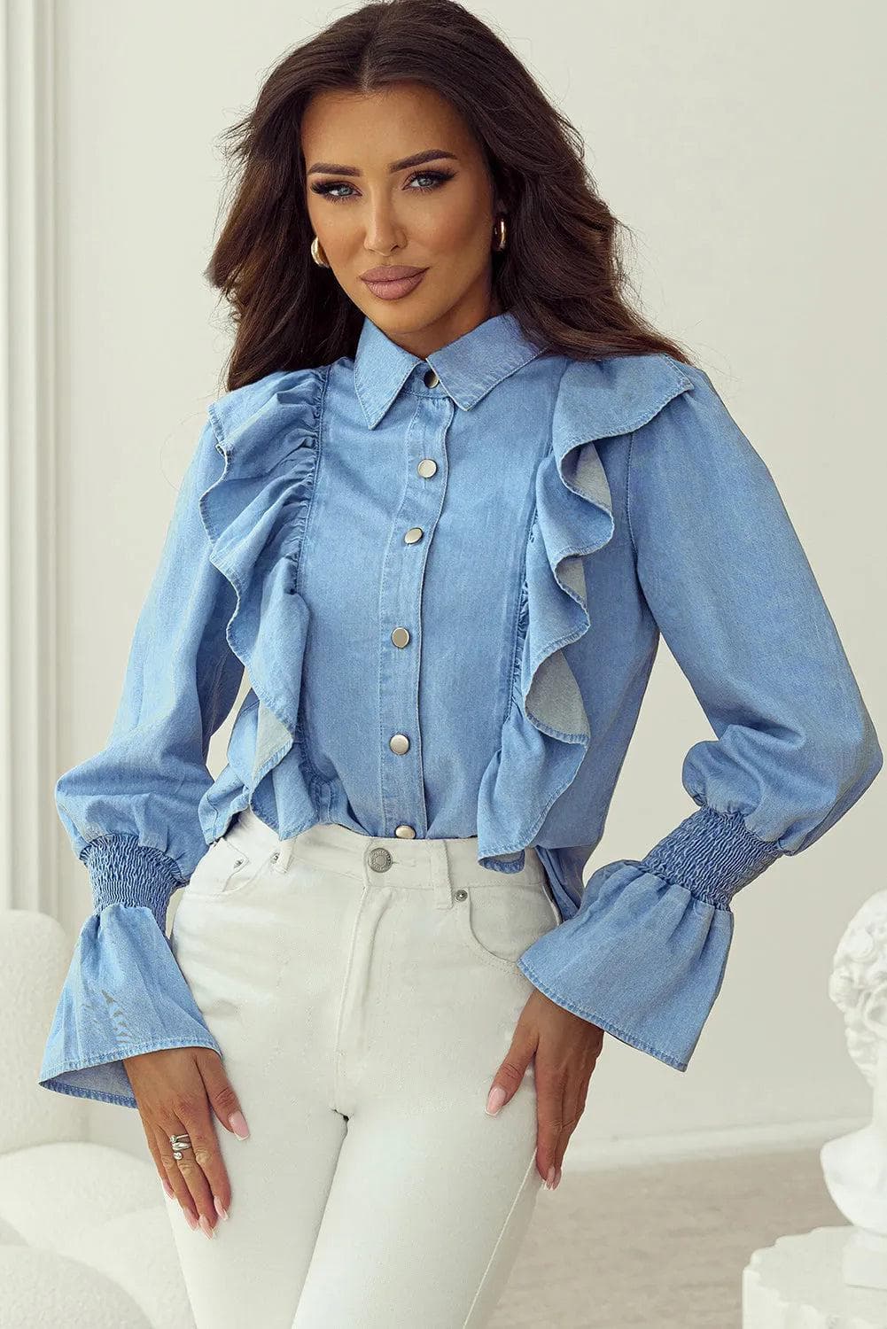 Tops/Blouses & Shirts Myosotis Ruffled Shirred Cuffs Button up Chambray Shirt