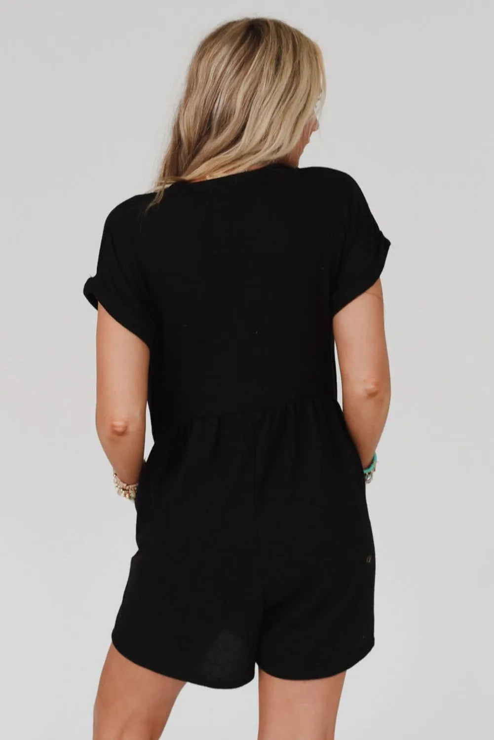 Black V Neck Buttons Loose Cuffed Short Sleeve Romper - Chic Meadow Boutique 