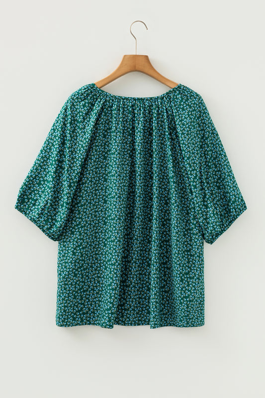 Green Boho Chic Notched V Neck Plus Floral Short Sleeve Top
